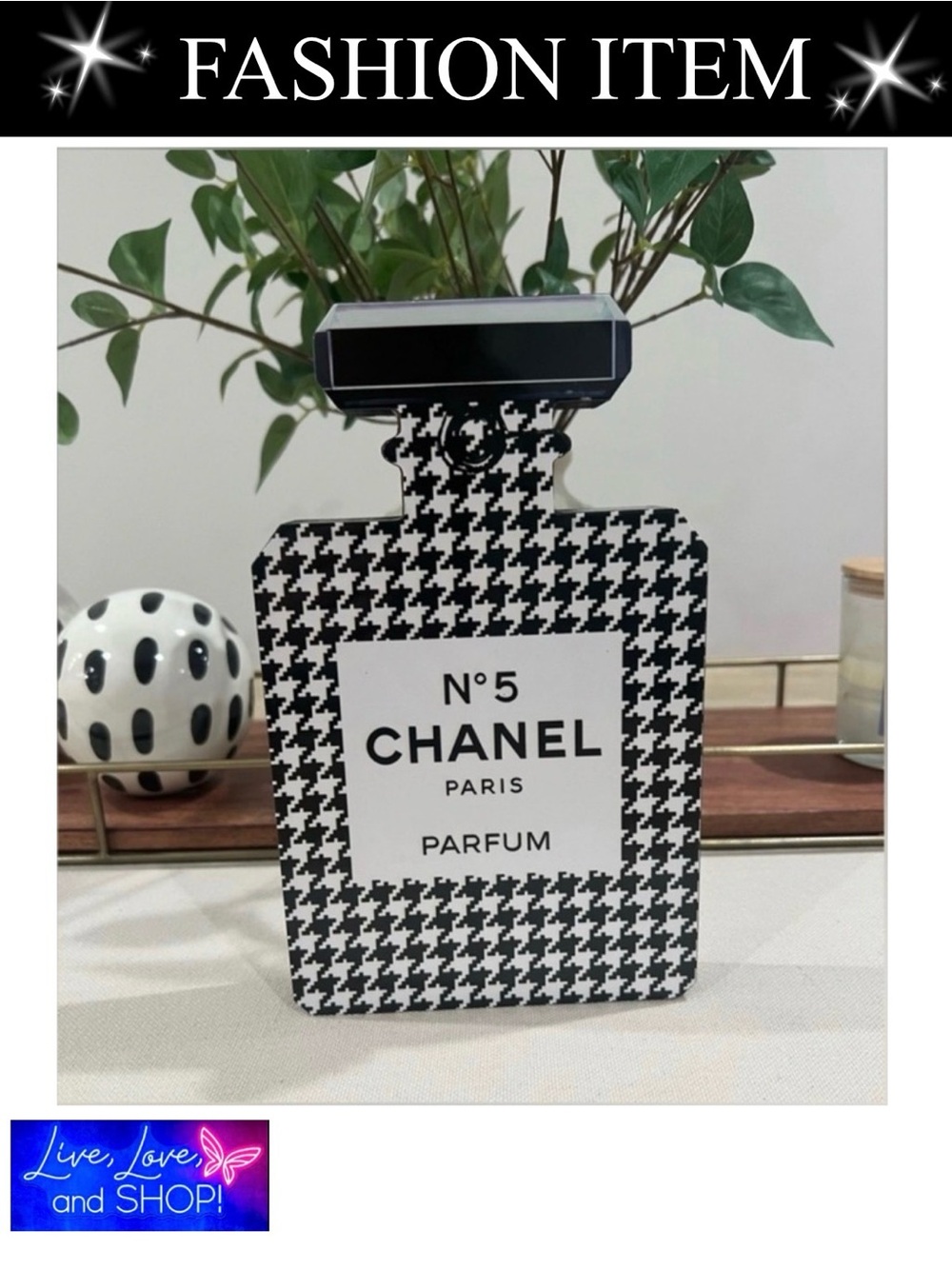 DECOR: Houndstooth Perfume Bottle Wooden Novelty, EUC